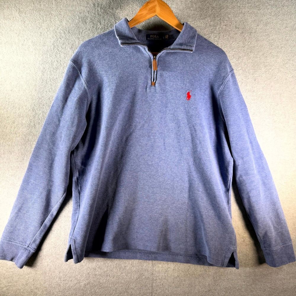 Polo Ralph Lauren Sweater Men's Large Blue Knit Long Sleeve Quarter Zip Classic